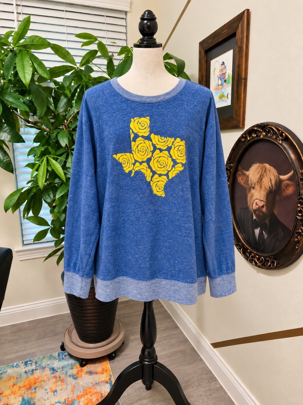 Blue Women's Pullover Sweater with Yellow Rose Texas Motif